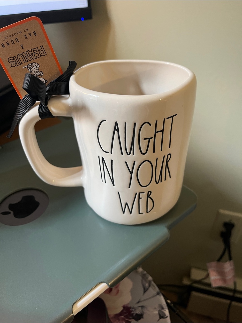 Rae Dunn White Ceramic Mug with Black Lettering - "Caught In Your Web"